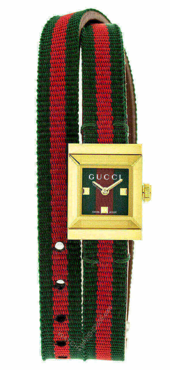 GUCCI G-Frame 18x14MM Quartz SS Gold PVD Striped Canvas Watch YA128527 Questions & Answers