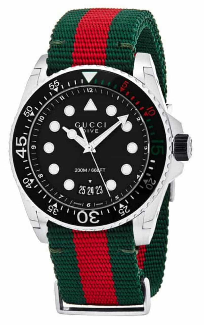 GUCCI DIVE 45MM BLACK MATTE DIAL GREEN RED WEB NYLON WATCH YA136209A