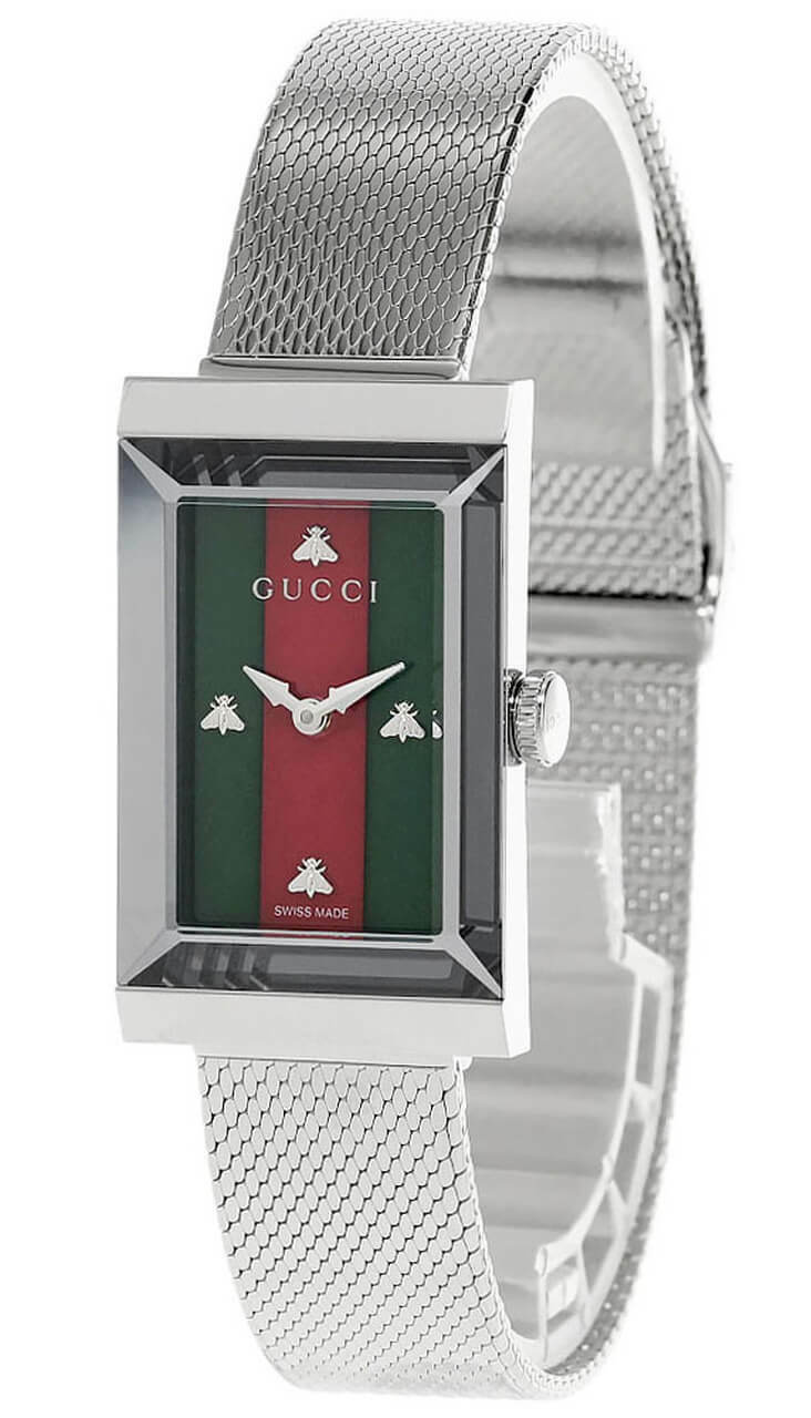 GUCCI G-Frame 21MMx34MM Green/Red MOP Dial Mesh Bracelet Watch YA147401 Questions & Answers