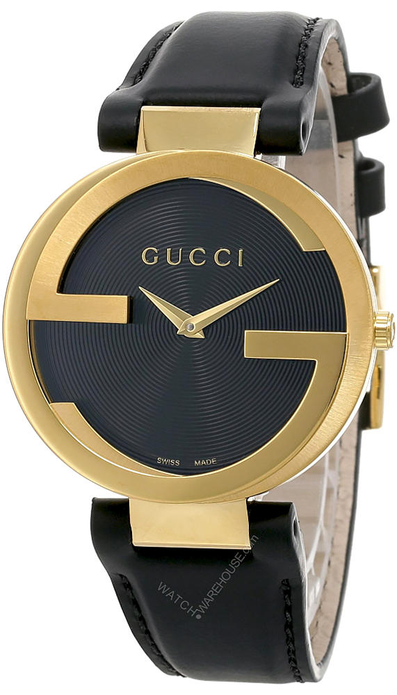 GUCCI Interlocking G Yellow Gold BLK Dial LTHR Unisex Watch YA133326 Questions & Answers