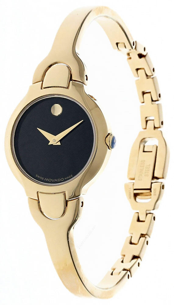 MOVADO Kara SS Black Dial Yellow Gold PVD Bangle Women's Watch 0606936 Questions & Answers