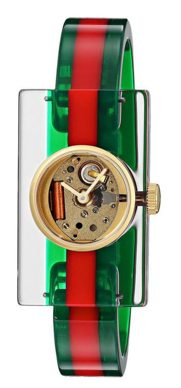 GUCCI Plexiglas Skeleton Dial Green Red Motif Bangle Watch YA143501 Questions & Answers