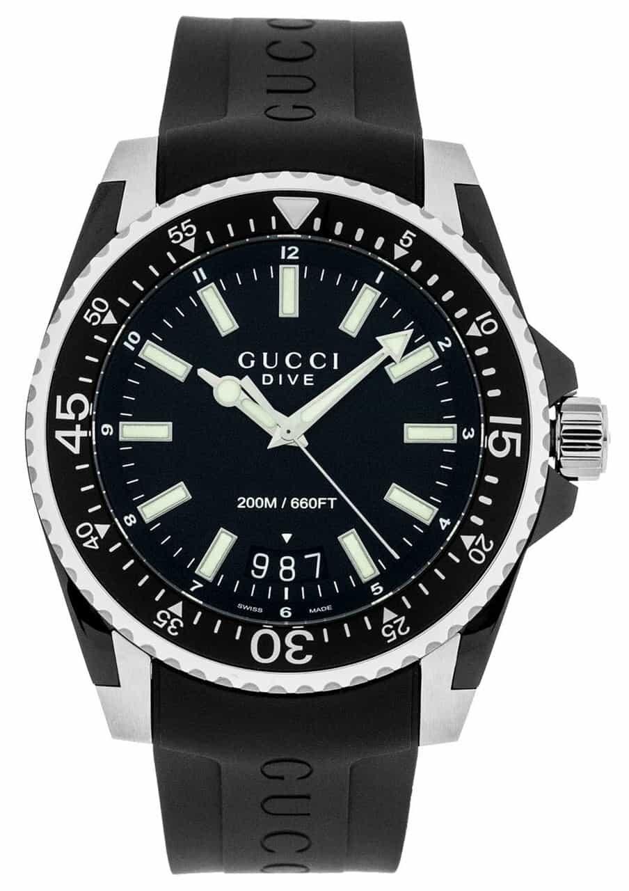 Gucci Dive 45mm Luminous Indices Black Rubber Strap Men Watch YA136204 Questions & Answers