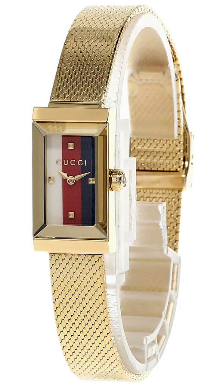 GUCCI G-Frame White, Red, Navy Gold PVD Mesh Bracelet Watch YA147511 Questions & Answers