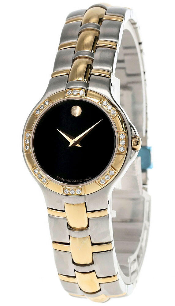 New MOVADO Medalist 28MM BLK Dial Diamond Bezel 2Tone Women’s Watch 0604810