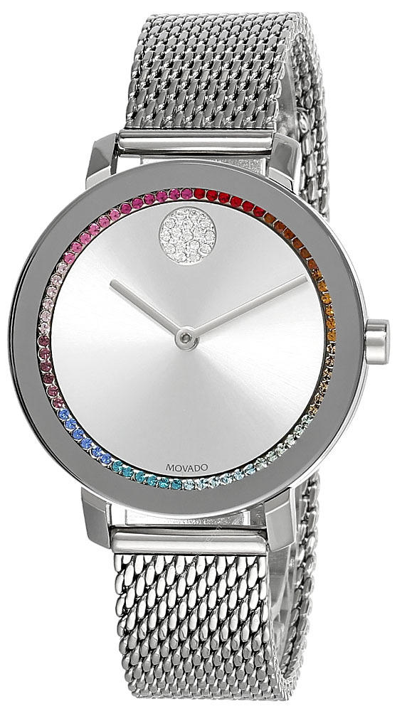 MOVADO Bold Evolution 34MM Rainbow Crystal Silver Dial Mesh Watch 3600698 Questions & Answers