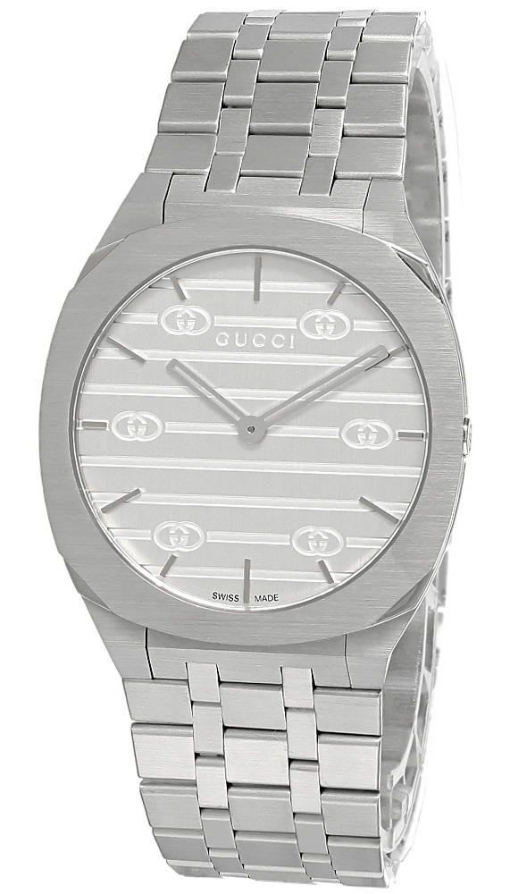 GUCCI 25H 34MM Quartz Stainless Steel Silver Dial Unisex Watch YA163402 Questions & Answers